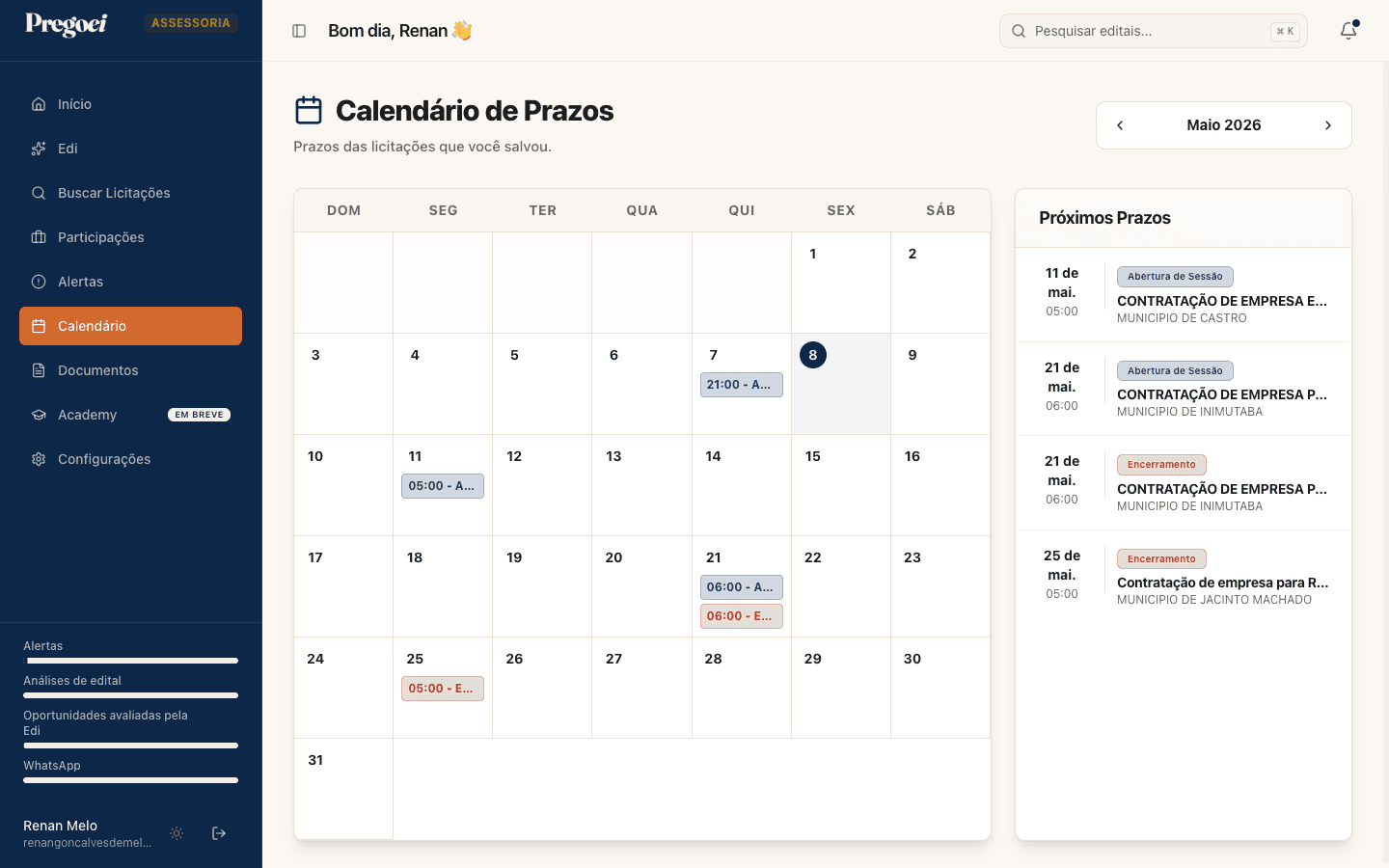 Calendário da Pregoei mostrando prazos de licitações em maio com aberturas de sessão e encerramentos marcados