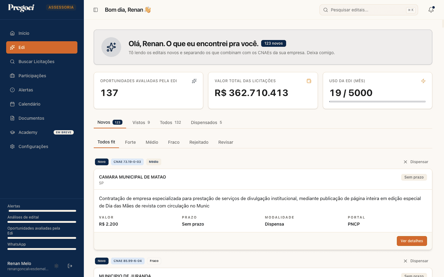 Painel da Edi mostrando 137 licitações ranqueadas por score de adequação e R$ 362 milhões em oportunidades