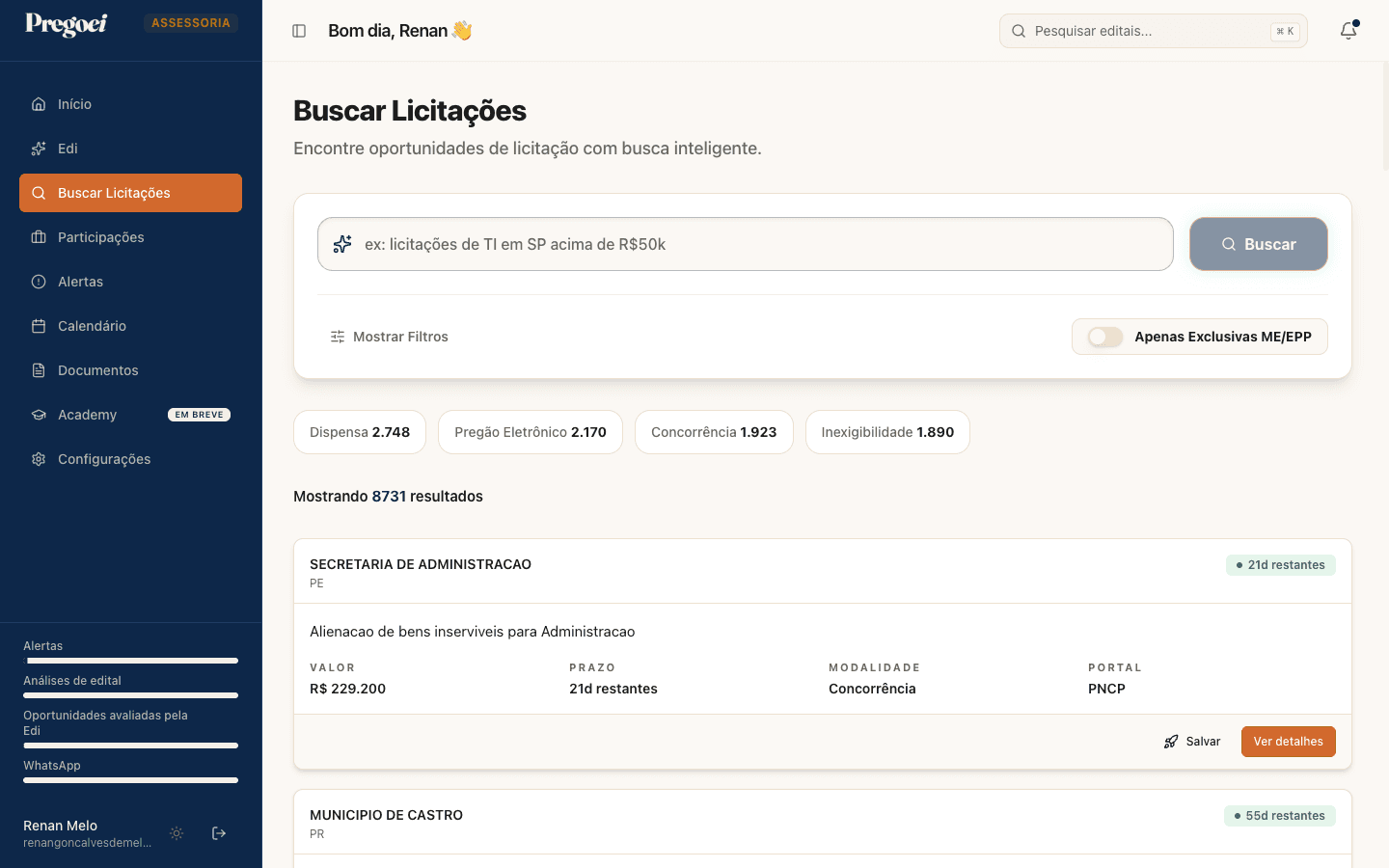 Plataforma Pregoei com sidebar mostrando todos os módulos: Edi, Buscar, Participações, Alertas, Calendário, Documentos e Academy